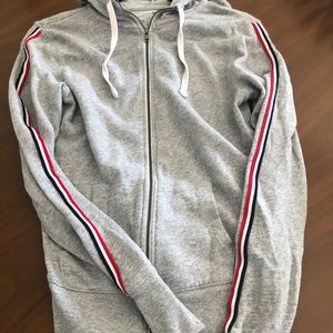 NWOT! So Gray Hoodie Zip Up Sweatshirt With Striped Sleeves Women’s Sz Sm